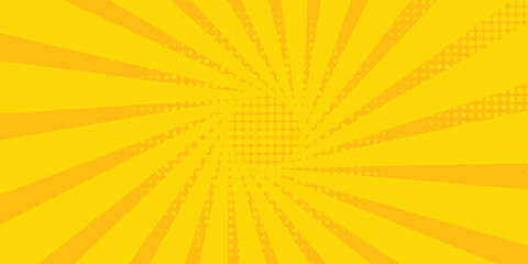 Abstract orange comic background. Art pop cartoon backdrop. Halftone effect pattern. Fun anime texture. Starburst manga style bg. Mark popart radial gradient. Spiral, swirl, comic rays.