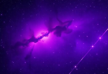 Fototapeta premium Purple nebula galaxy backdrop with shining stars, cosmic dust, and streaking meteors, science fiction, background