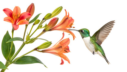 Obraz premium Green Hummingbird Hovering Near Orange Lilies on White Background