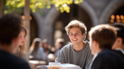 Students Engaged in Discussion Outside University Building