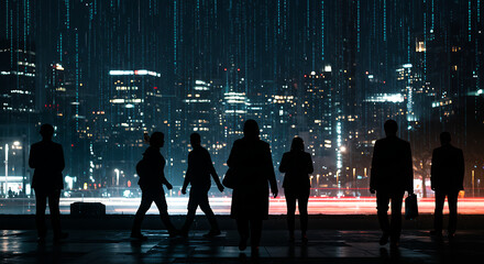 Silhouettes of people walking through a city with digital code rain falling around them — metaphor for privacy and surveillance