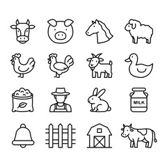 Black line icon set of farm animals, farmer, and barn. Perfect for agriculture-themed designs, farm illustrations, eco-friendly concepts, rural life visuals, and farming-related infographics.