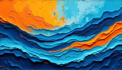 A dynamic composition showcases a vibrant interplay of cerulean and tangerine hues, forming a textured landscape of thick, undulating waves
