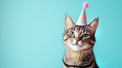 Cat wearing birthday hat; Blue Birthday Background with plenty of copy space for text