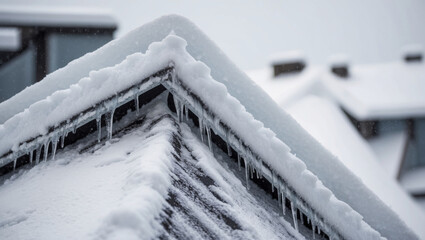 Detailed shot of a snow-laden roof with dangling icicles, showing winter's stark beauty.