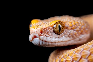 Fototapeta premium Close-up of a pale orange snake's head, intricate scales, and captivating golden eyes against a stark black backdrop