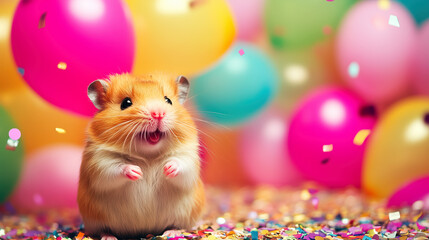Cute Hamster on Birthday Background with confetti and balloons