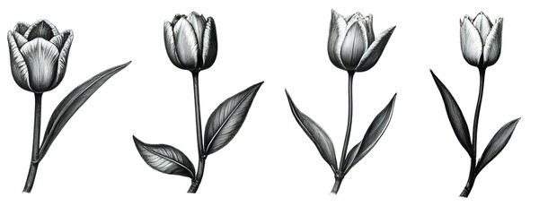 Set of Hand-Drawn Black and White Tulip Illustrations &ndash; Vintage Botanical Flower Sketch Collection