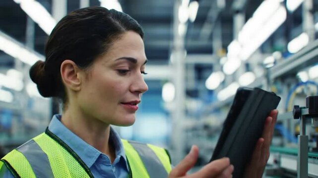 Factory worker inspects tablet data