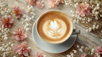 Top view of latte art in a cup surrounded by flowers on wooden surface