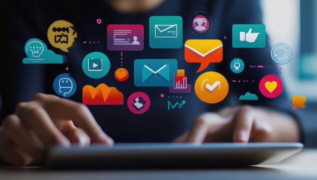 Hands on tablet with digital marketing icons