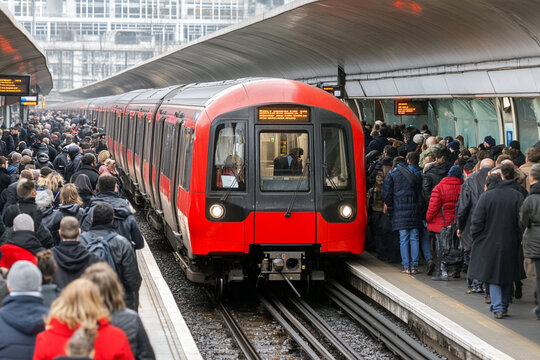 Crowded train station during rush hour as commuters navigate the platform chaos