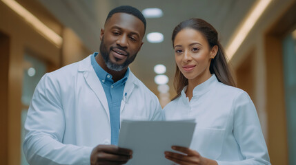 Fototapeta premium Doctors in Hospital Corridor Discussing Medical Chart