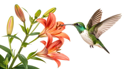 Obraz premium Green Hummingbird Hovering Near Orange Lilies on White Background