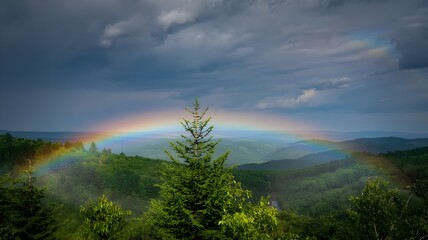 rainbow over the mountains around the trees.