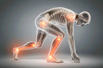 3D Medical Illustration of Joint Pain in Human Skeleton During Athletic Movement, Painful Hip Joint Anatomy X-Ray