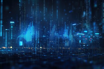 Digital city skyline at night, overlaid with data streams