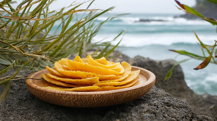 Dried Mango and Pineapple Pieces in Wooden Bowl on Coastal Rock with Ocean Waves and Green Plants
