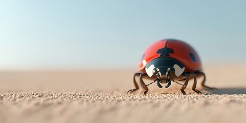 Obraz premium Red ladybug on sandy surface, close-up view