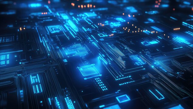 Abstract circuit board with glowing blue lines and squares