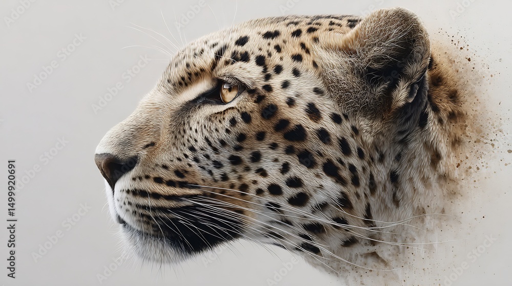 Poster elegant portrait of a leopard with a dissolving effect against a plain backdrop