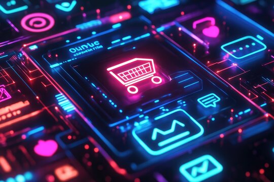 Futuristic digital shopping interface with glowing icons and circuits