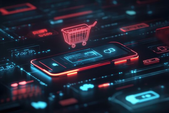 Smartphone with shopping cart icon, digital interface - Powered by Adobe