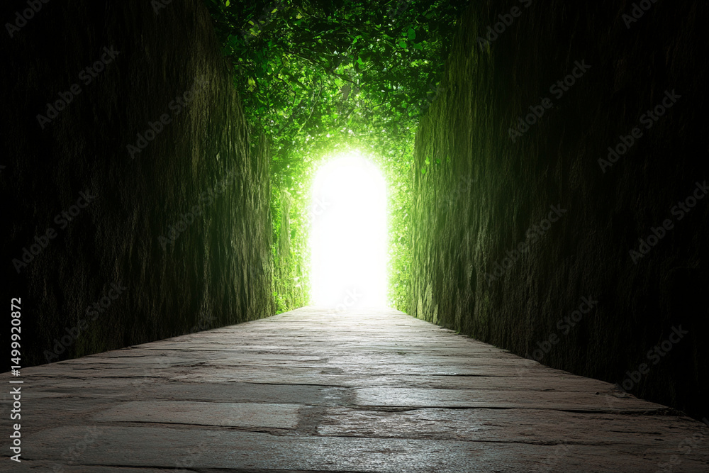 Poster glowing keyhole illuminates a mystical pathway in the heart of a forest during twilight