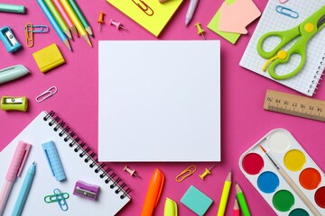 A collection of school supplies including notebooks, pencils and paints neatly arranged around a white card on a pink background, ideal for school holidays or an educational context