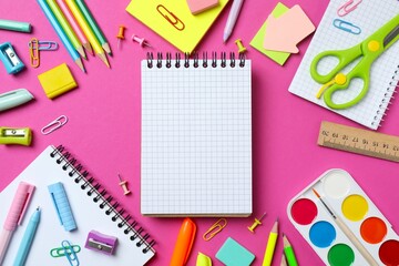 Various colorful school supplies placed neatly on a pink background