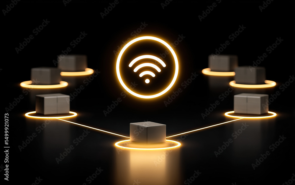 Aufkleber wireless network connection with glowing wifi symbol and connected cardboard boxes in dark setting