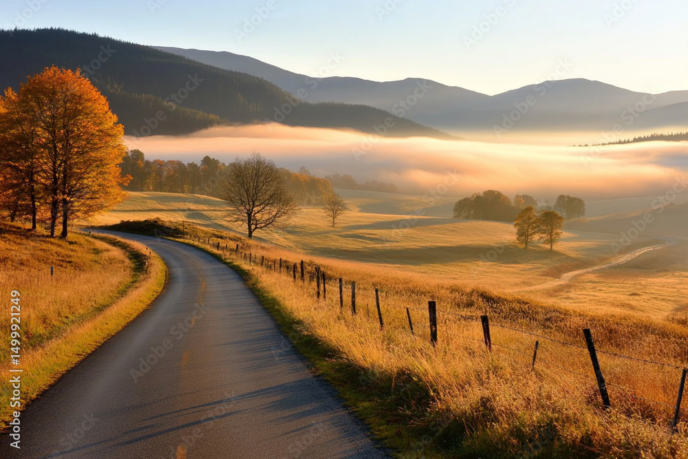 Poster glowing pathway winding through a serene field of clouds at dawn