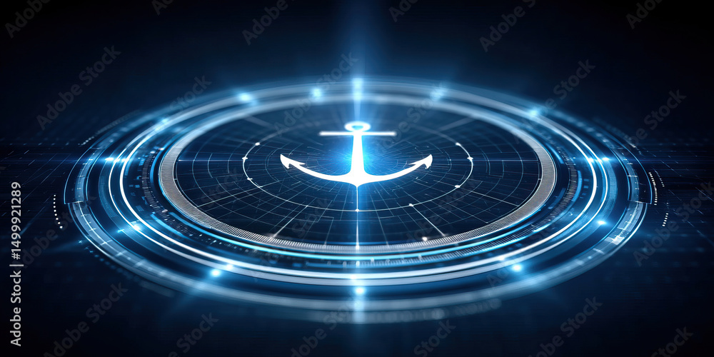 Poster digital glowing anchor icon with circular interface elements dark background, symbolizing sea logist