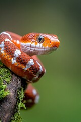 Naklejka premium Vibrant orange snake with white markings, coiled on mossy branch, against blurred green background