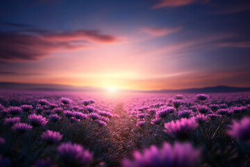 Glowing pathway among vibrant flowers under a twilight sky at dusk