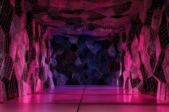 Vibrant geometric web decor creates an immersive experience in a contemporary art installation