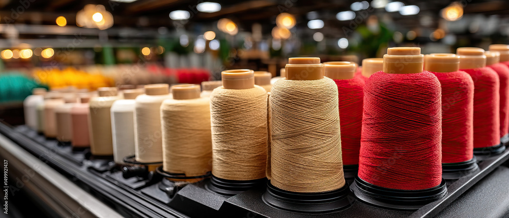 Poster spools of beige and red thread lined up on textile machine in brightly lit factory, showing detailed