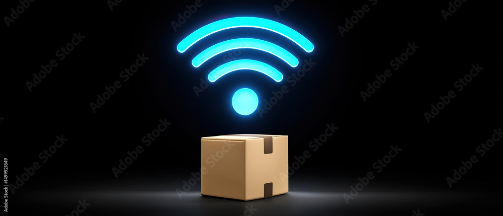 Poster smart logistics display with cardboard package and glowing wireless signal icon above on black backg