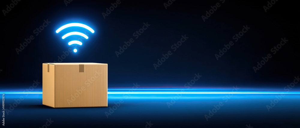 Poster smart logistics display with cardboard package and glowing wifi symbol on dark background showing co