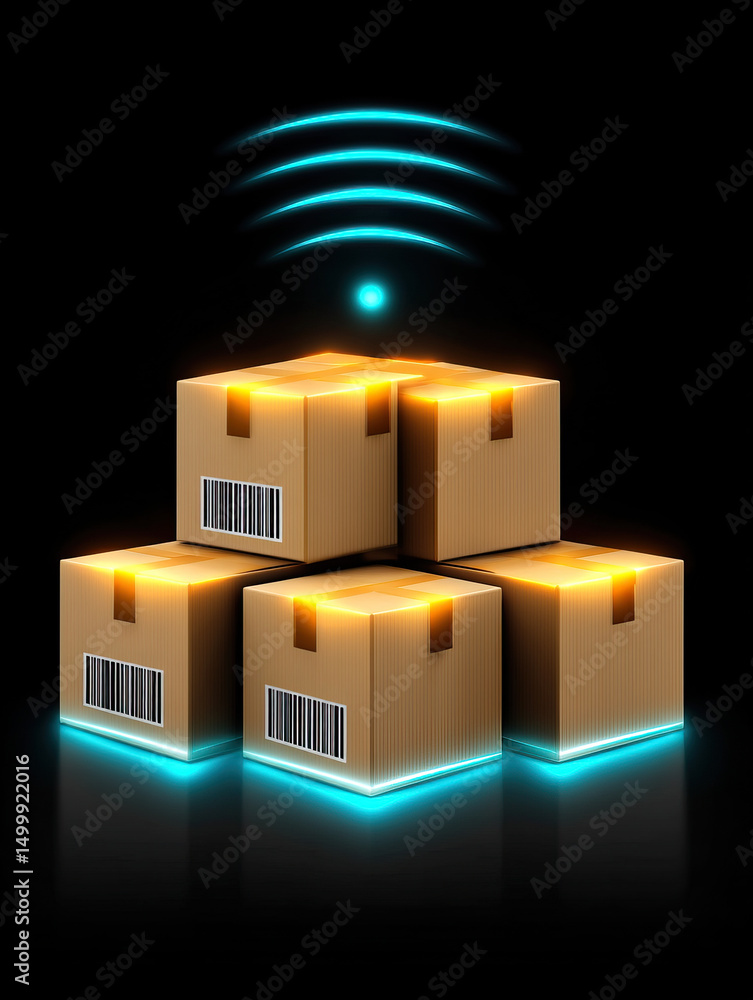 Poster stack of cardboard boxes with glowing edges and barcode labels wireless signal icon, symbolizing sma