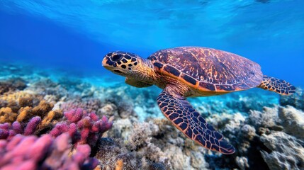 Obraz premium A vibrant sea turtle gliding gracefully through colorful coral reefs in a clear ocean