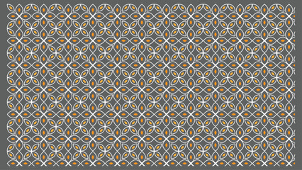 Geometric floral pattern design with white lines and orange details over a gray background.