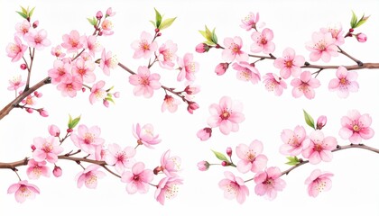 Fototapeta premium Watercolor cherry blossoms branches in pale pink, ink-style delicate branches