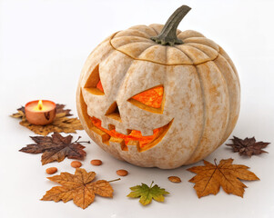 Carved halloween pumpkin with candle and autumn leaves isolated on white background