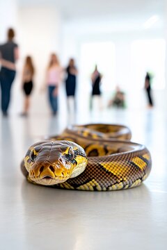 A ball python rests on a polished floor, with blurred figures of people in the background