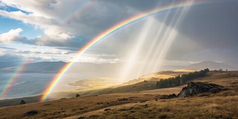 Double Rainbow over Golden Hills, Coastal Scenery, sunlight , Rainbows, Landscape