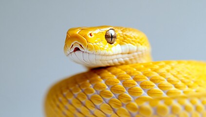 Fototapeta premium Close-up of a vibrant yellow snake, coiled, showcasing intricate scales and a captivating gaze