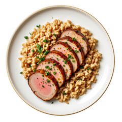 plate of brown rice with sliced lean pork roast, garnished with herbs and light sauce, clean and healthy meal, on transparent background