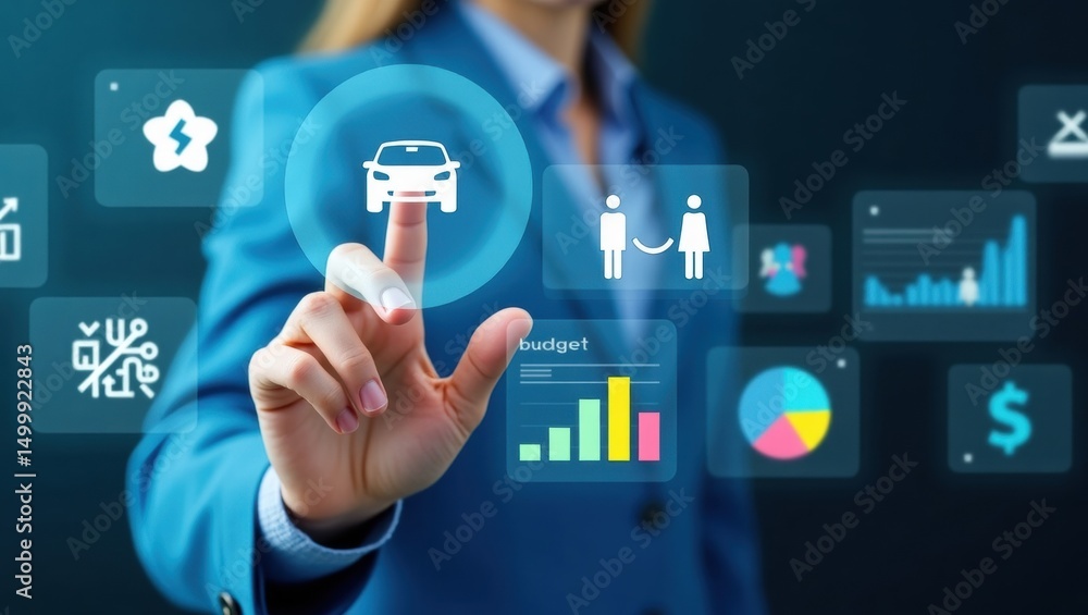 Poster person interacting with a digital interface showing various business data.