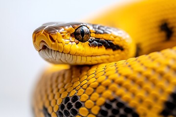 Obraz premium Close-up of a vibrant yellow snake with black markings, showcasing its scales and eye detail
